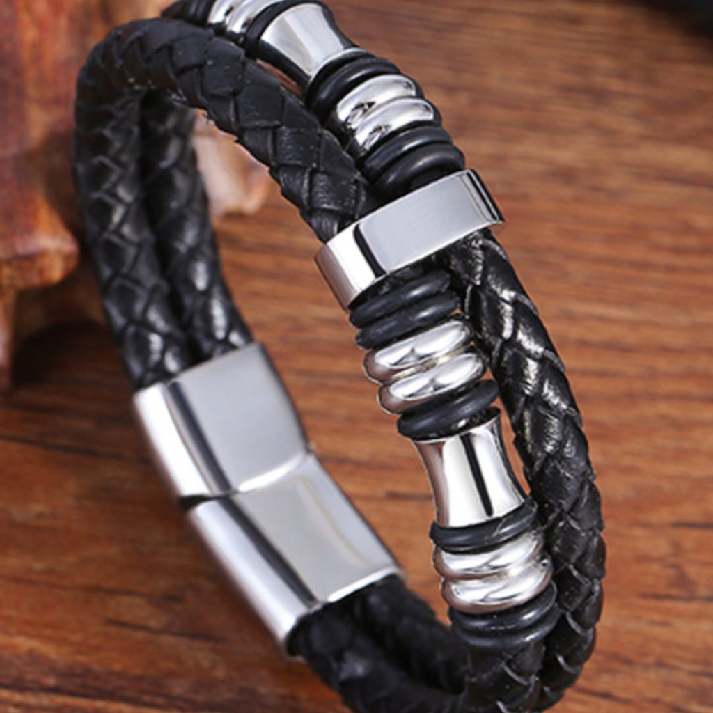 Real Leather Bracelet Silver & Black